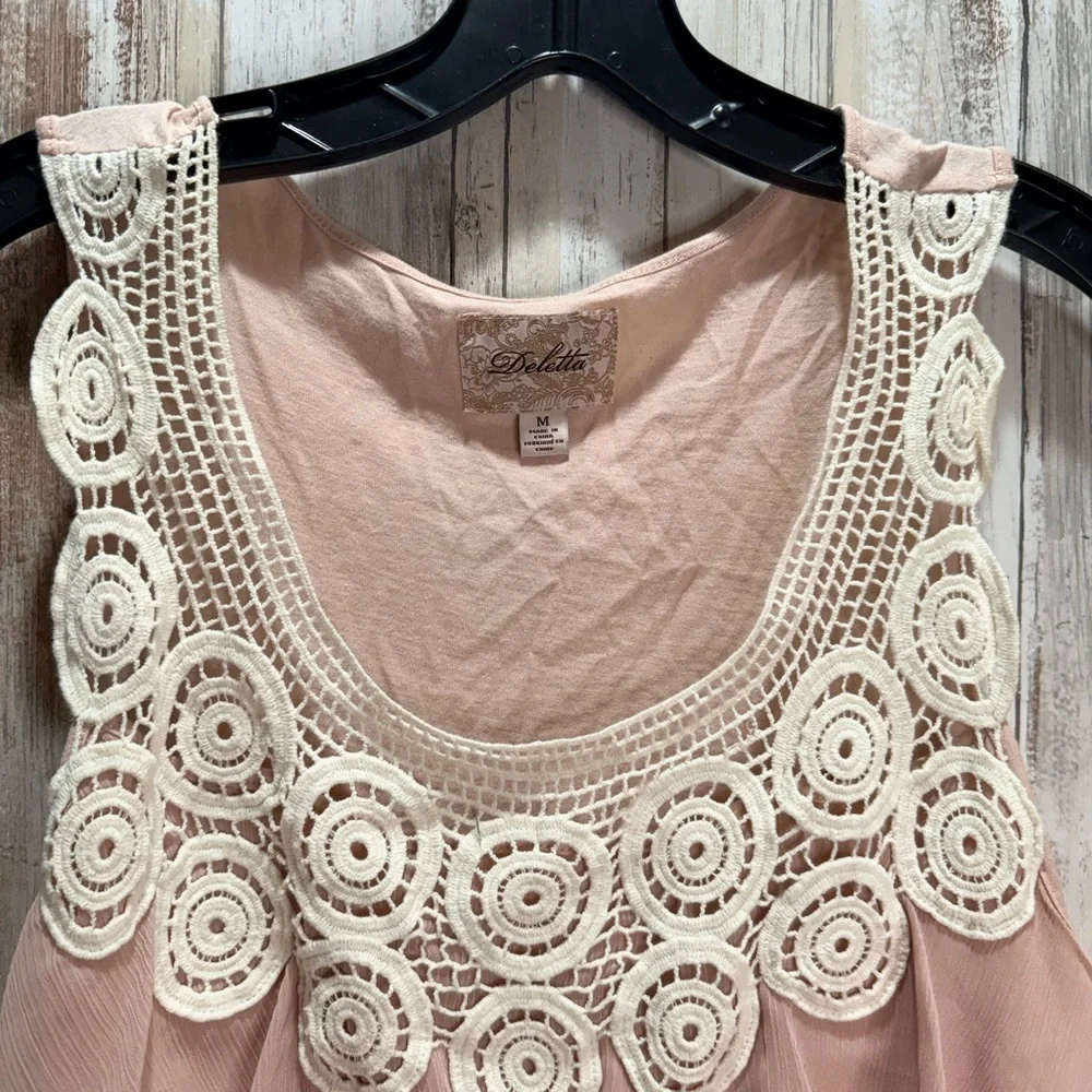 Deletta Blush Pink Tiered Eyelet Tank with White Crochet Yoke - Picture 4 of 7